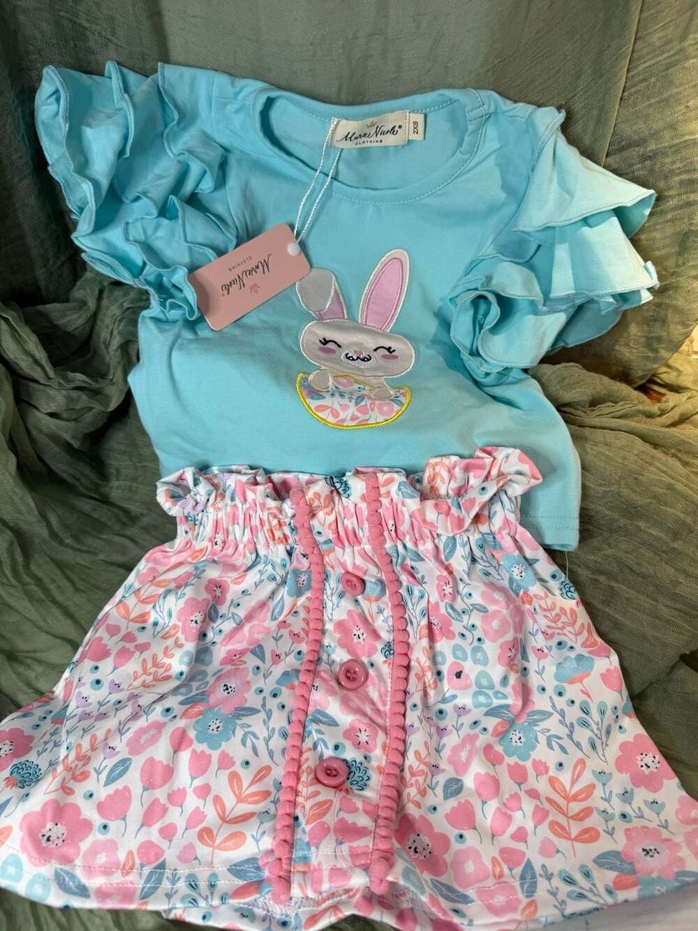 Marie Nicole Clothing Girls Easter Bunny Ruffle Sleeve Top and Floral Skirt Set